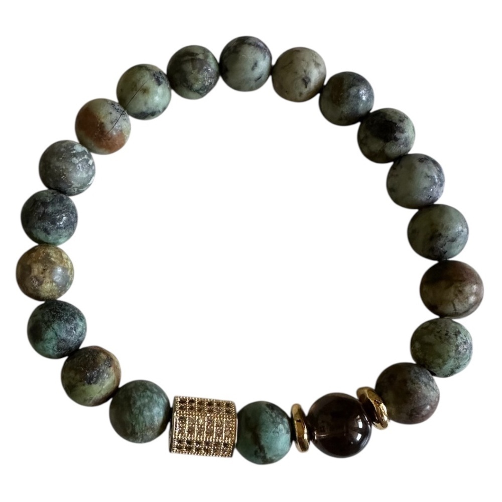 Classic African Turquoise & Smoky Quartz 8mm Bracelet Gold Pave Hexagon